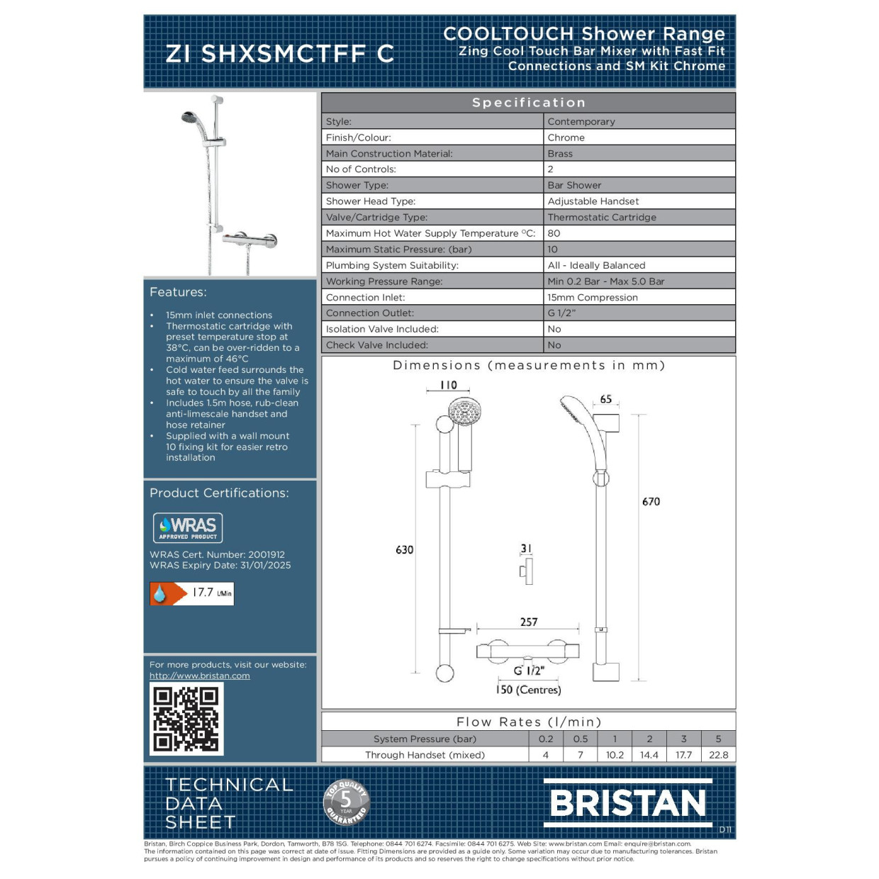 Tapin Bristan Zing Cool Touch Bar Shower + Shower Rail Kit